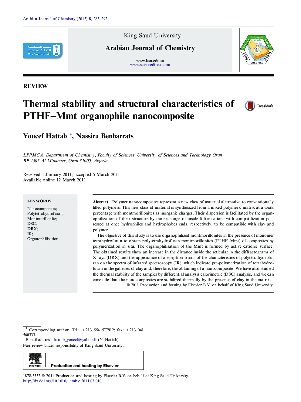 Thermal stability and structural characteristics of PTHF–Mmt organophile nanocomposite 