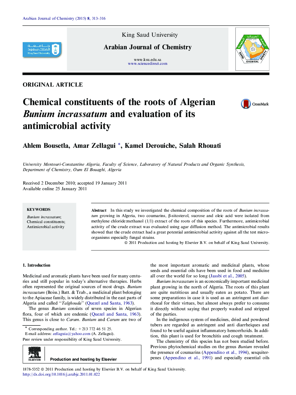 Chemical constituents of the roots of Algerian Bunium incrassatum and evaluation of its antimicrobial activity 
