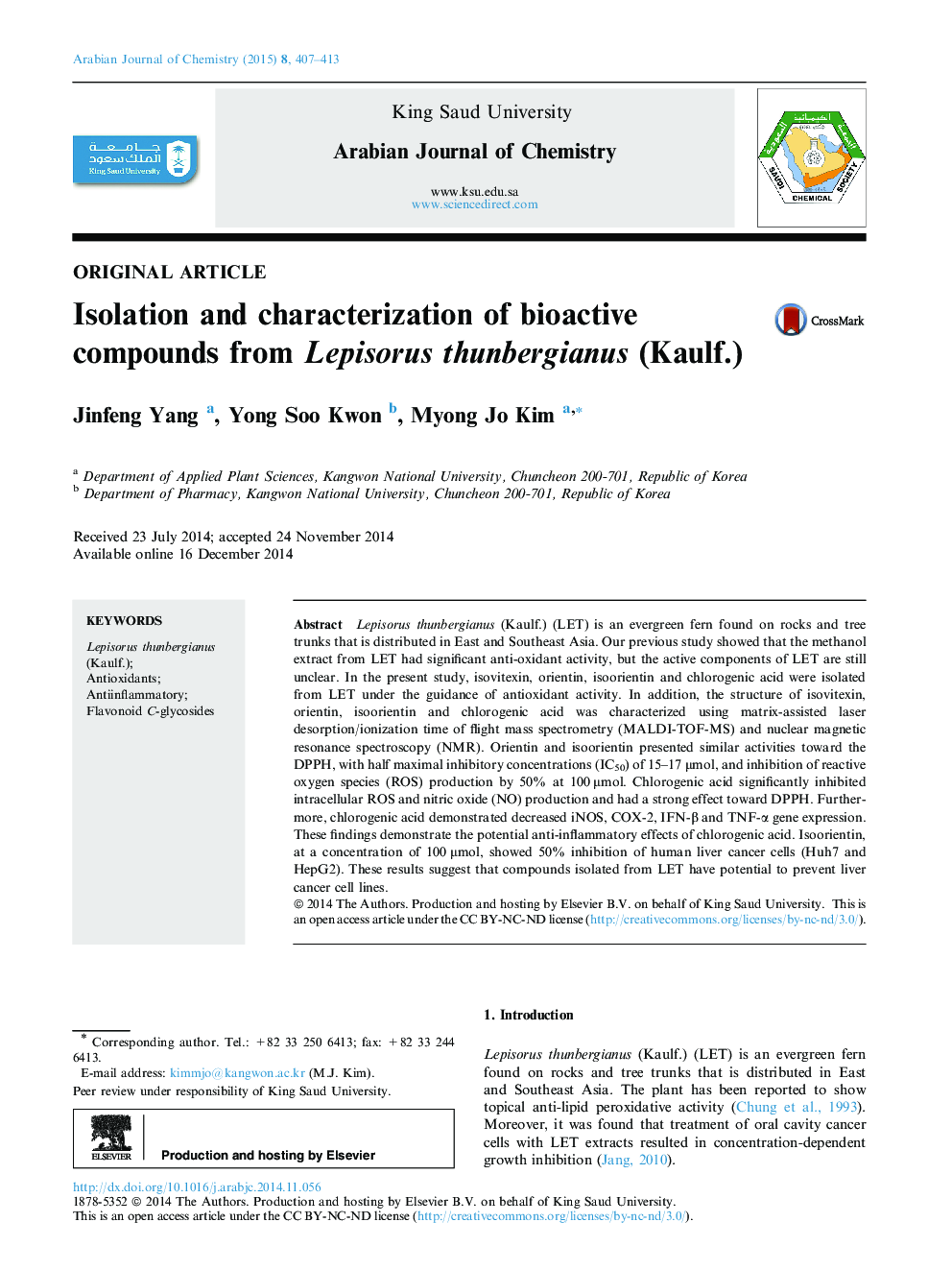 Isolation and characterization of bioactive compounds from Lepisorus thunbergianus (Kaulf.) 