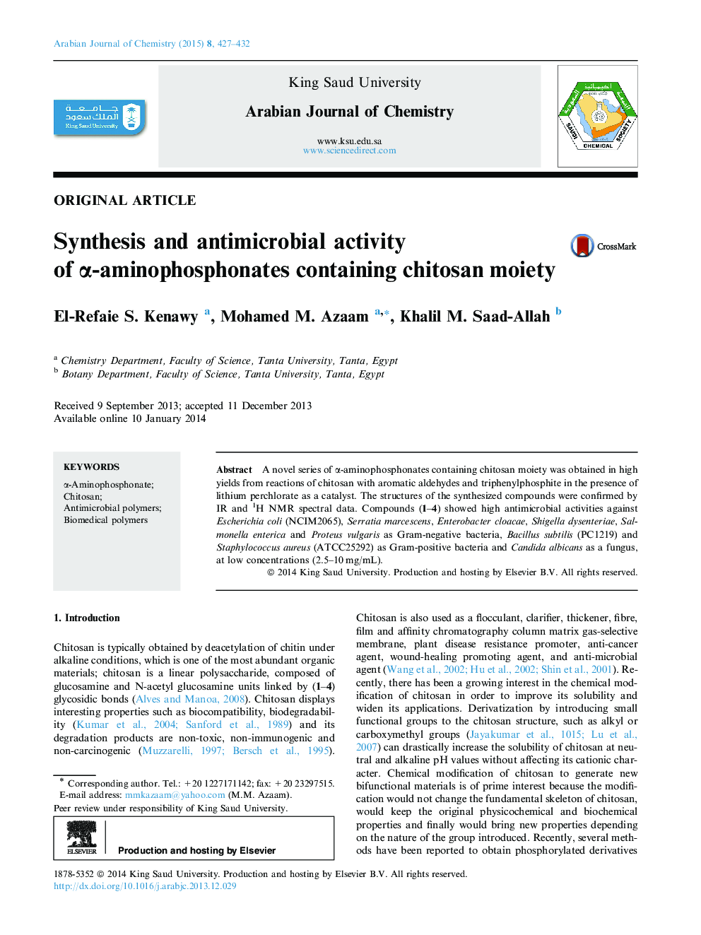 Synthesis and antimicrobial activity of α-aminophosphonates containing chitosan moiety 