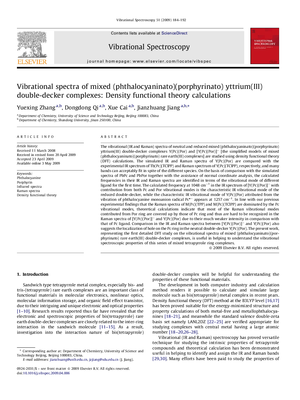 Vibrational spectra of mixed (phthalocyaninato)(porphyrinato) yttrium(III) double-decker complexes: Density functional theory calculations