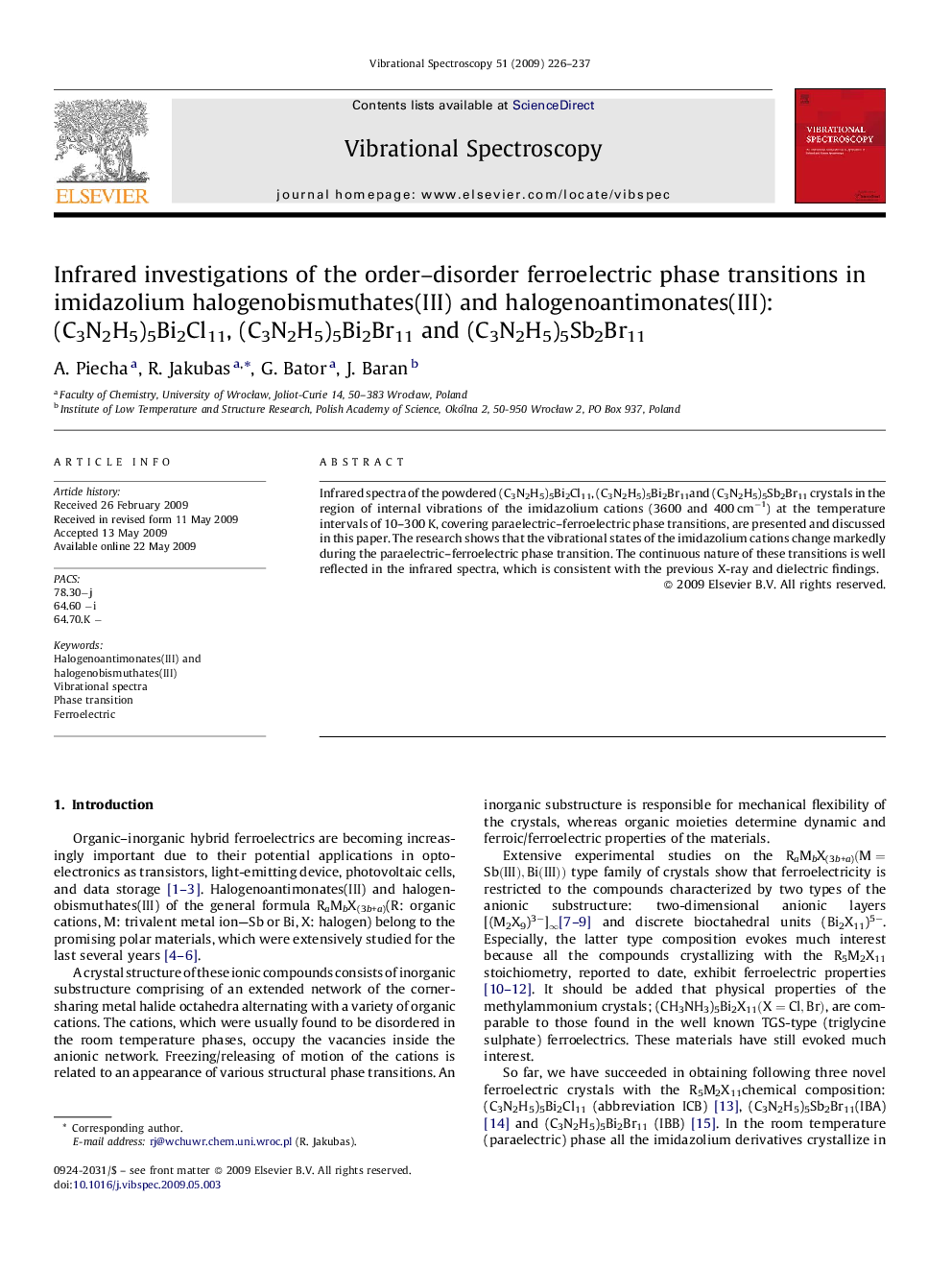 Infrared investigations of the order–disorder ferroelectric phase transitions in imidazolium halogenobismuthates(III) and halogenoantimonates(III): (C3N2H5)5Bi2Cl11, (C3N2H5)5Bi2Br11 and (C3N2H5)5Sb2Br11