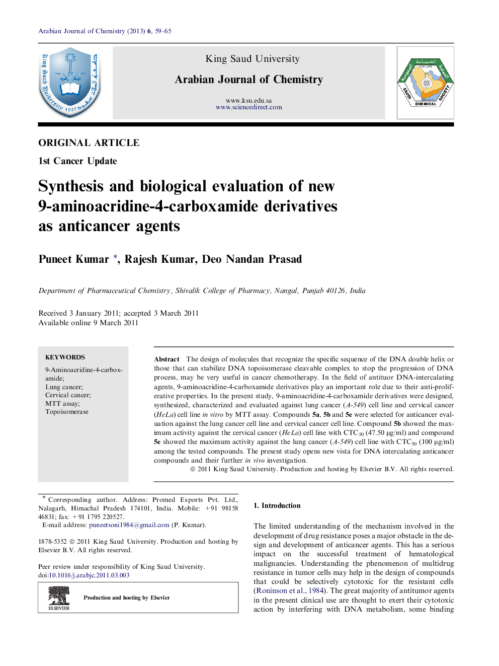 Synthesis and biological evaluation of new 9-aminoacridine-4-carboxamide derivatives as anticancer agents : 1st Cancer Update