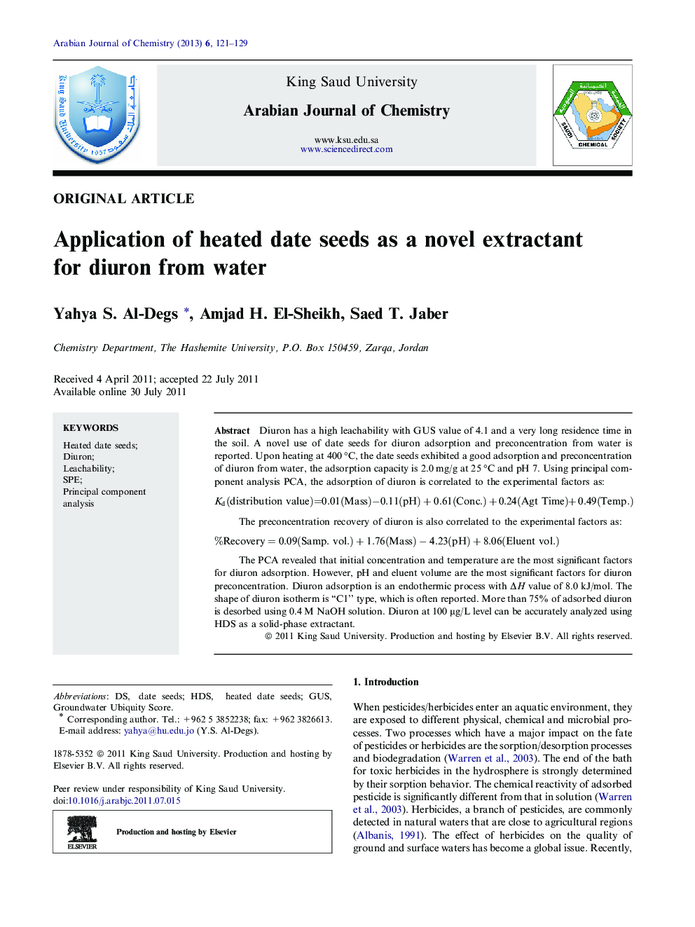 Application of heated date seeds as a novel extractant for diuron from water 