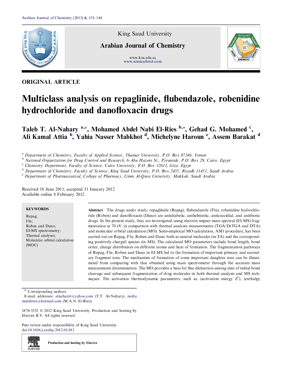 Multiclass analysis on repaglinide, flubendazole, robenidine hydrochloride and danofloxacin drugs 