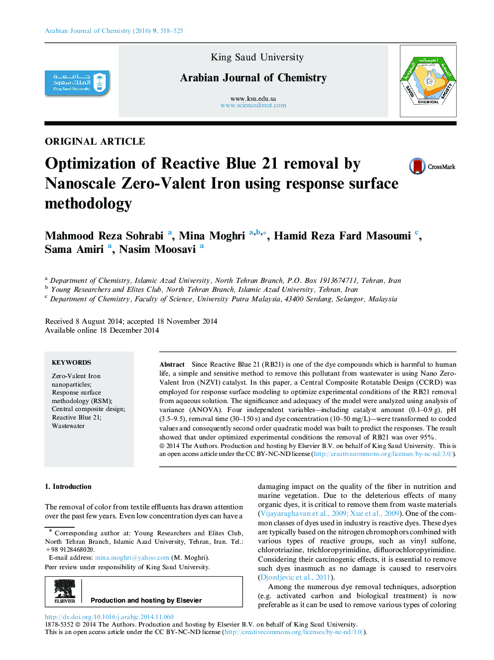 عکس صفحه اول مقاله: Optimization of Reactive Blue 21 removal by Nanoscale Zero-Valent Iron using response surface methodology Optimization of Reactive Blue 21 removal by Nanoscale Zero-Valent Iron using response surface methodology