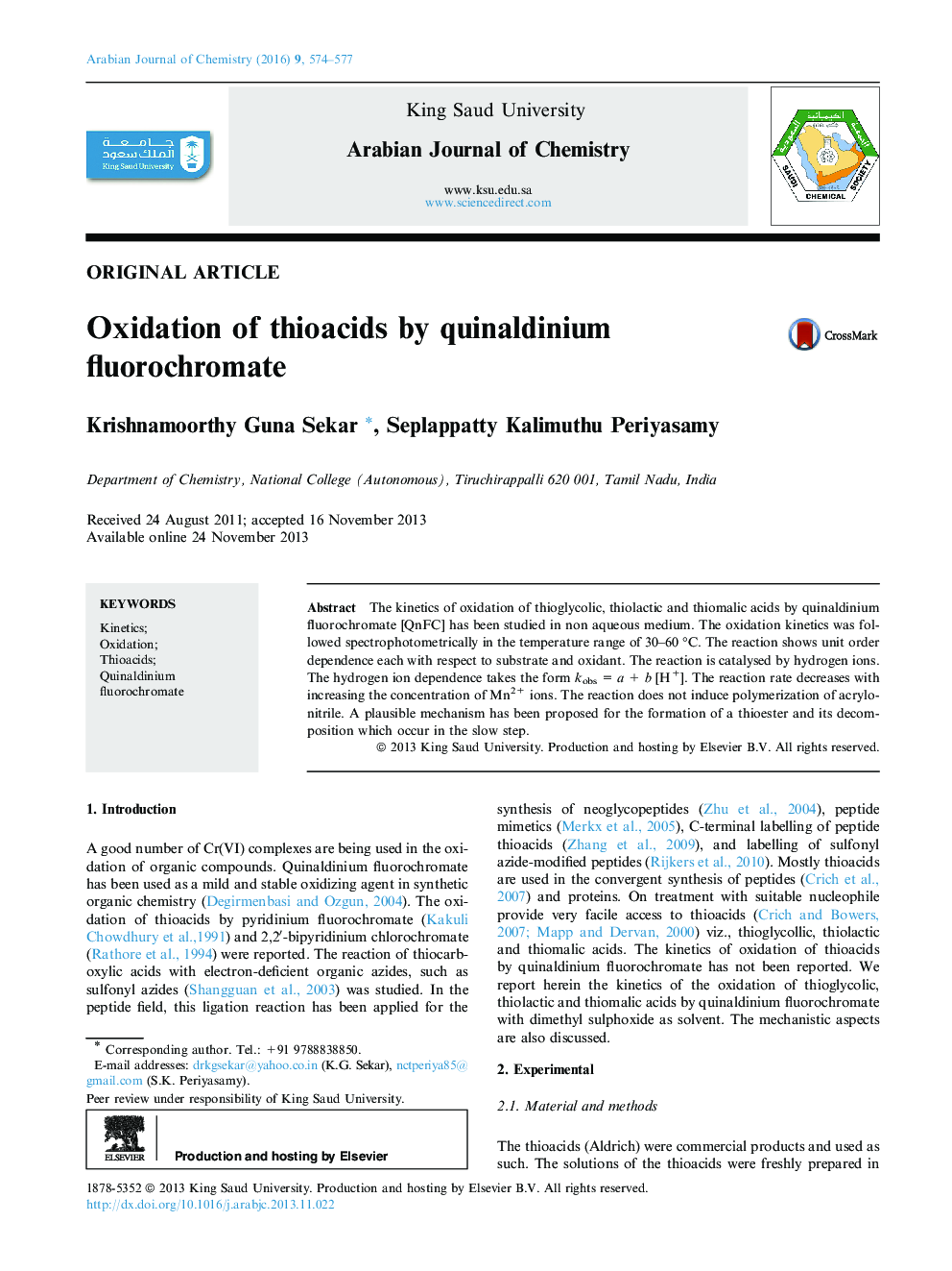 Oxidation of thioacids by quinaldinium fluorochromate 