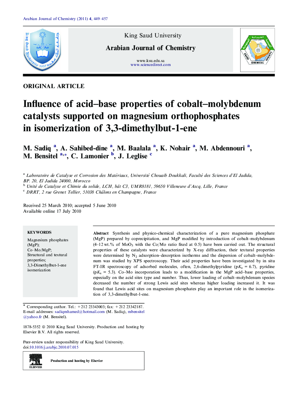 Influence of acid–base properties of cobalt–molybdenum catalysts supported on magnesium orthophosphates in isomerization of 3,3-dimethylbut-1-ene 