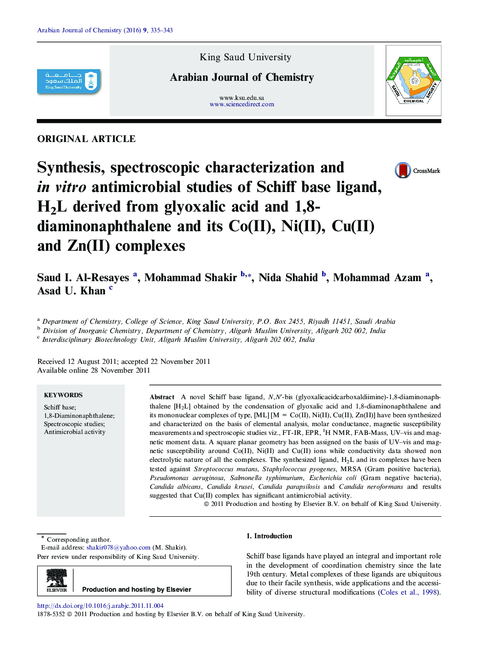 Synthesis, spectroscopic characterization and in vitro antimicrobial studies of Schiff base ligand, H2L derived from glyoxalic acid and 1,8-diaminonaphthalene and its Co(II), Ni(II), Cu(II) and Zn(II) complexes 