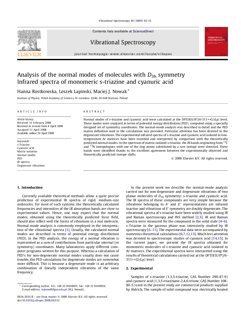 Analysis of the normal modes of molecules with D3h symmetry: Infrared spectra of monomeric s-triazine and cyanuric acid