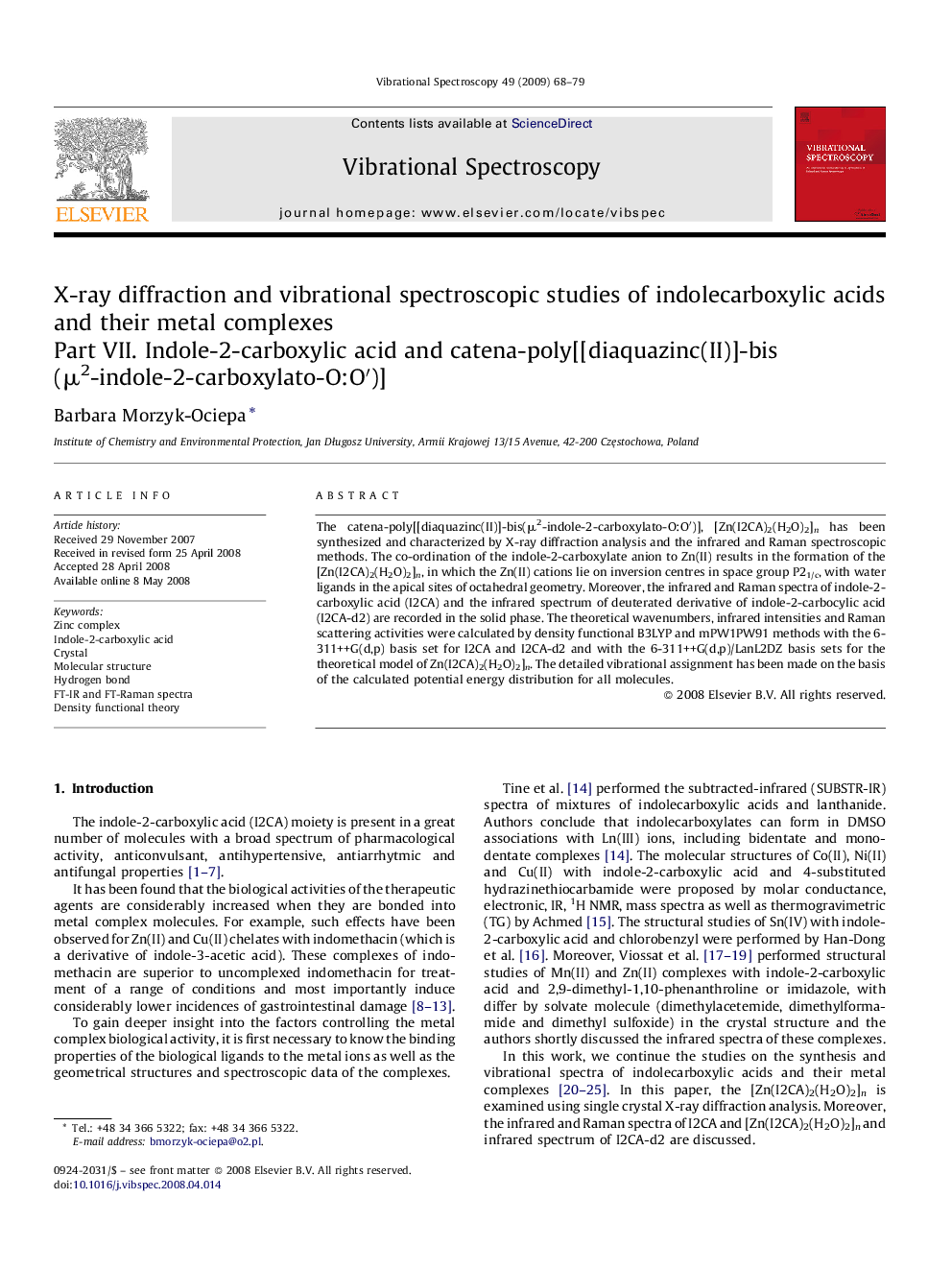 X-ray diffraction and vibrational spectroscopic studies of indolecarboxylic acids and their metal complexes: Part VII. Indole-2-carboxylic acid and catena-poly[[diaquazinc(II)]-bis(μ2-indole-2-carboxylato-O:O′)]