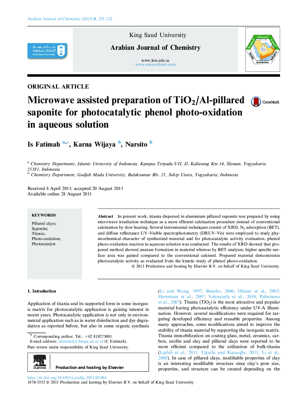 Microwave assisted preparation of TiO2/Al-pillared saponite for photocatalytic phenol photo-oxidation in aqueous solution 