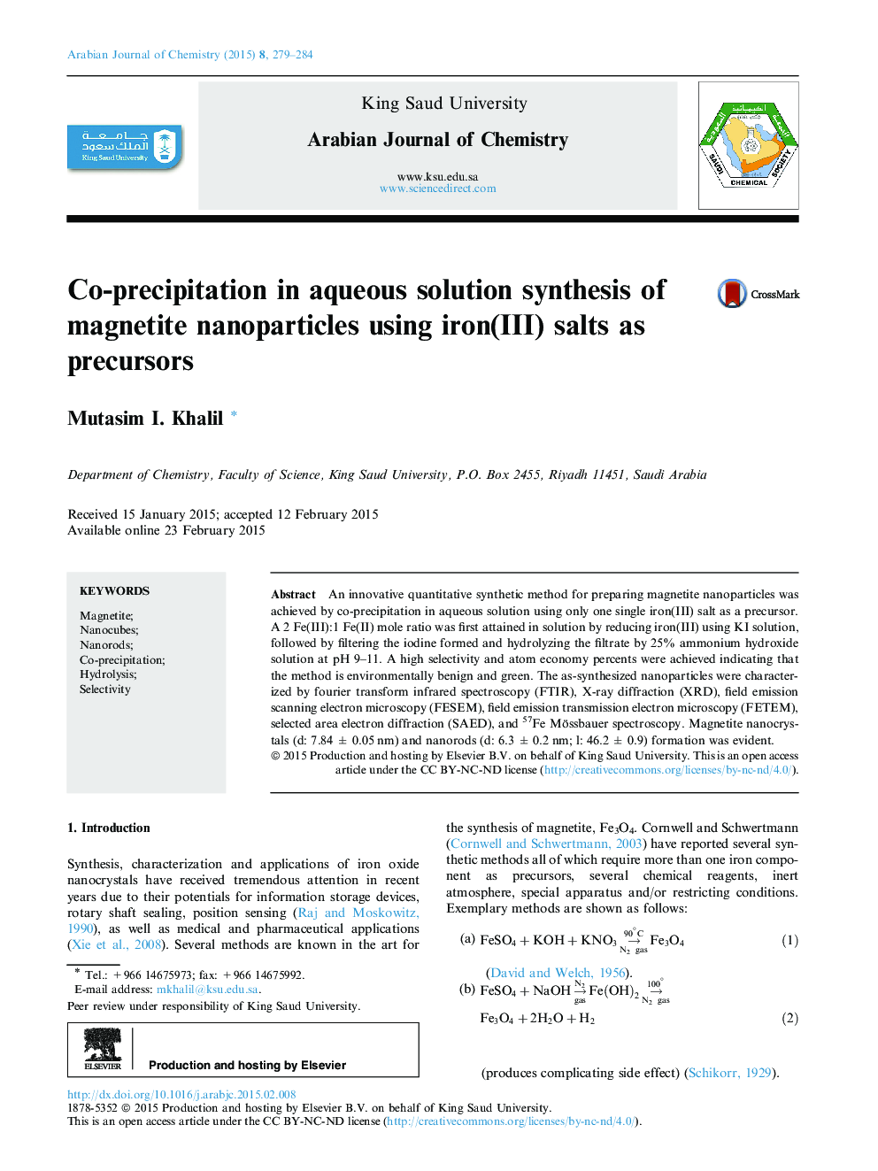 Co-precipitation in aqueous solution synthesis of magnetite nanoparticles using iron(III) salts as precursors 