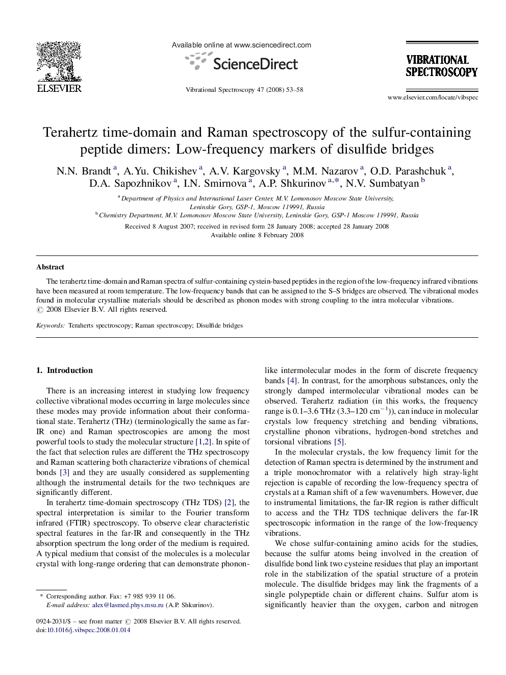 Terahertz time-domain and Raman spectroscopy of the sulfur-containing peptide dimers: Low-frequency markers of disulfide bridges