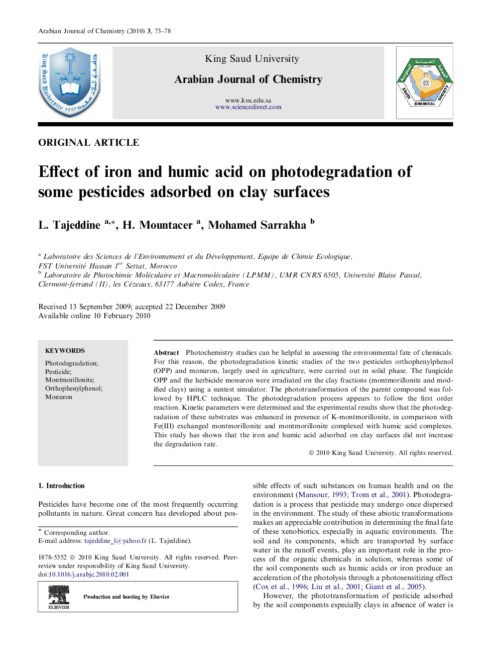 Effect of iron and humic acid on photodegradation of some pesticides adsorbed on clay surfaces 