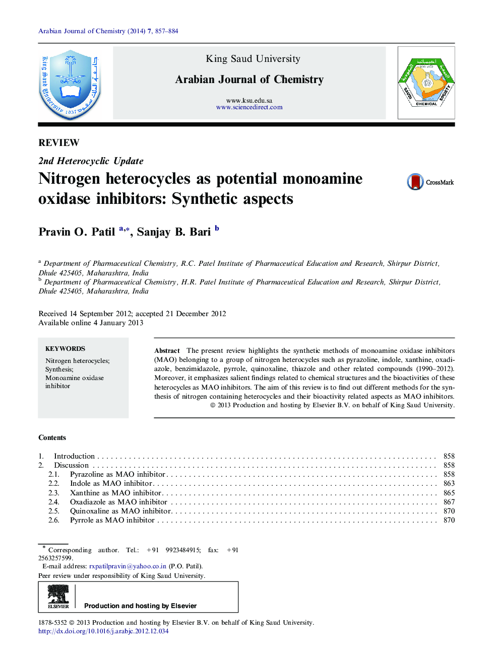 Nitrogen heterocycles as potential monoamine oxidase inhibitors: Synthetic aspects 