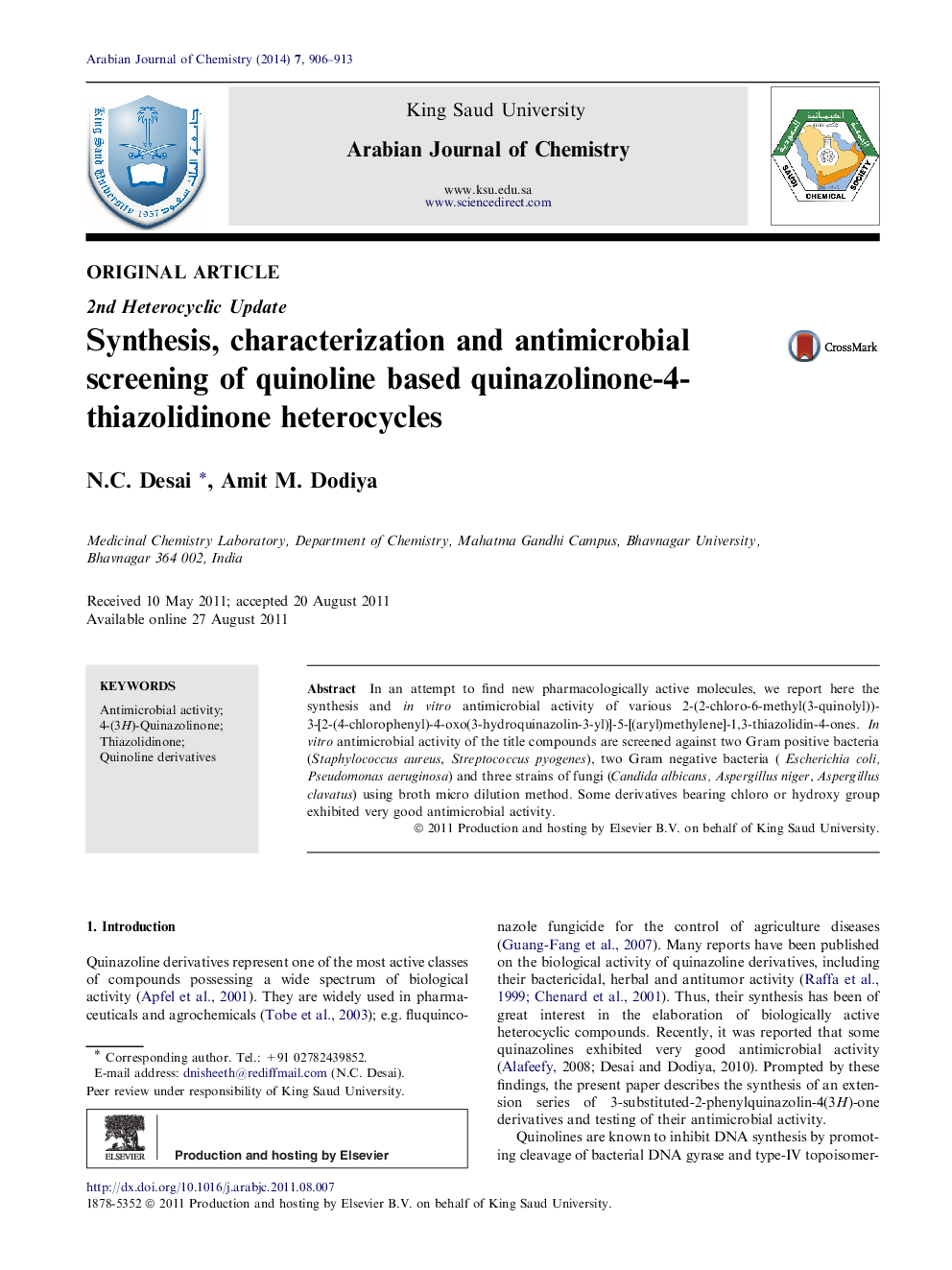 Synthesis, characterization and antimicrobial screening of quinoline based quinazolinone-4-thiazolidinone heterocycles 