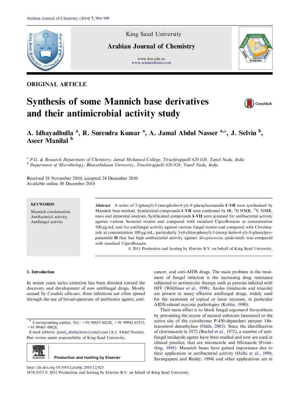 Synthesis of some Mannich base derivatives and their antimicrobial activity study 