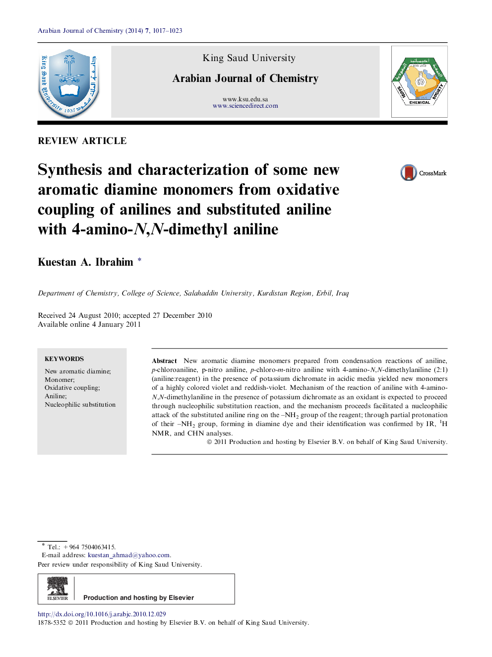 Synthesis and characterization of some new aromatic diamine monomers from oxidative coupling of anilines and substituted aniline with 4-amino-N,N-dimethyl aniline 