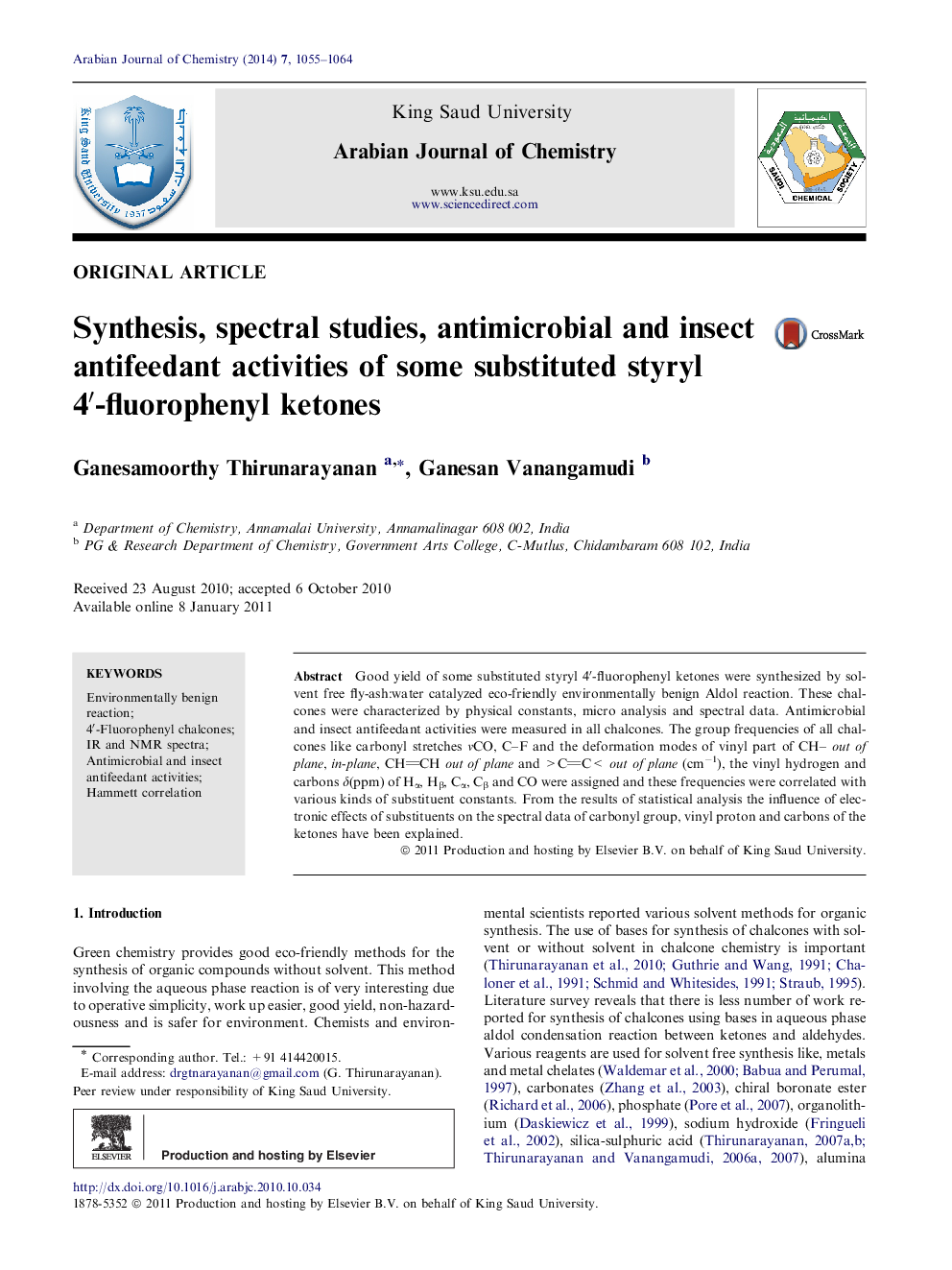 Synthesis, spectral studies, antimicrobial and insect antifeedant activities of some substituted styryl 4′-fluorophenyl ketones 