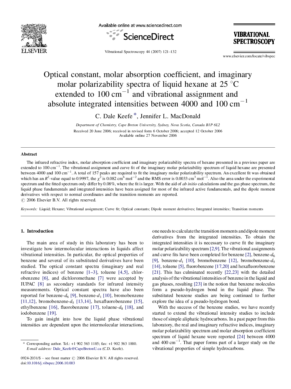 Optical constant, molar absorption coefficient, and imaginary molar polarizability spectra of liquid hexane at 25 °C extended to 100 cm−1 and vibrational assignment and absolute integrated intensities between 4000 and 100 cm−1