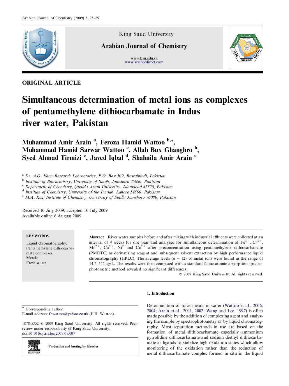 Simultaneous determination of metal ions as complexes of pentamethylene dithiocarbamate in Indus river water, Pakistan 