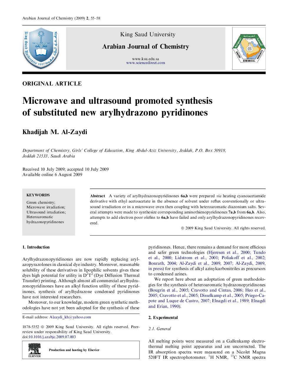 Microwave and ultrasound promoted synthesis of substituted new arylhydrazono pyridinones 