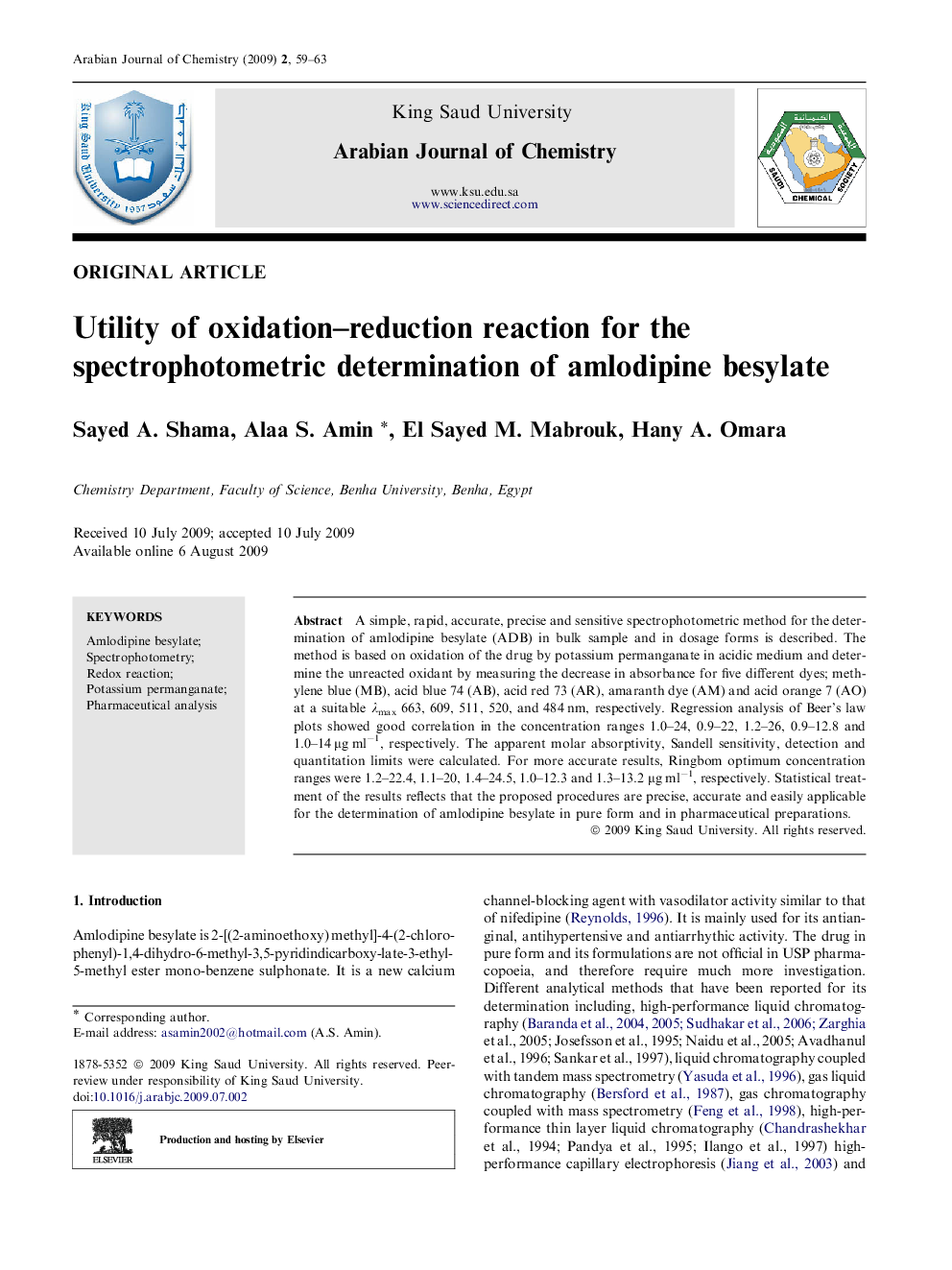 Utility of oxidation–reduction reaction for the spectrophotometric determination of amlodipine besylate 