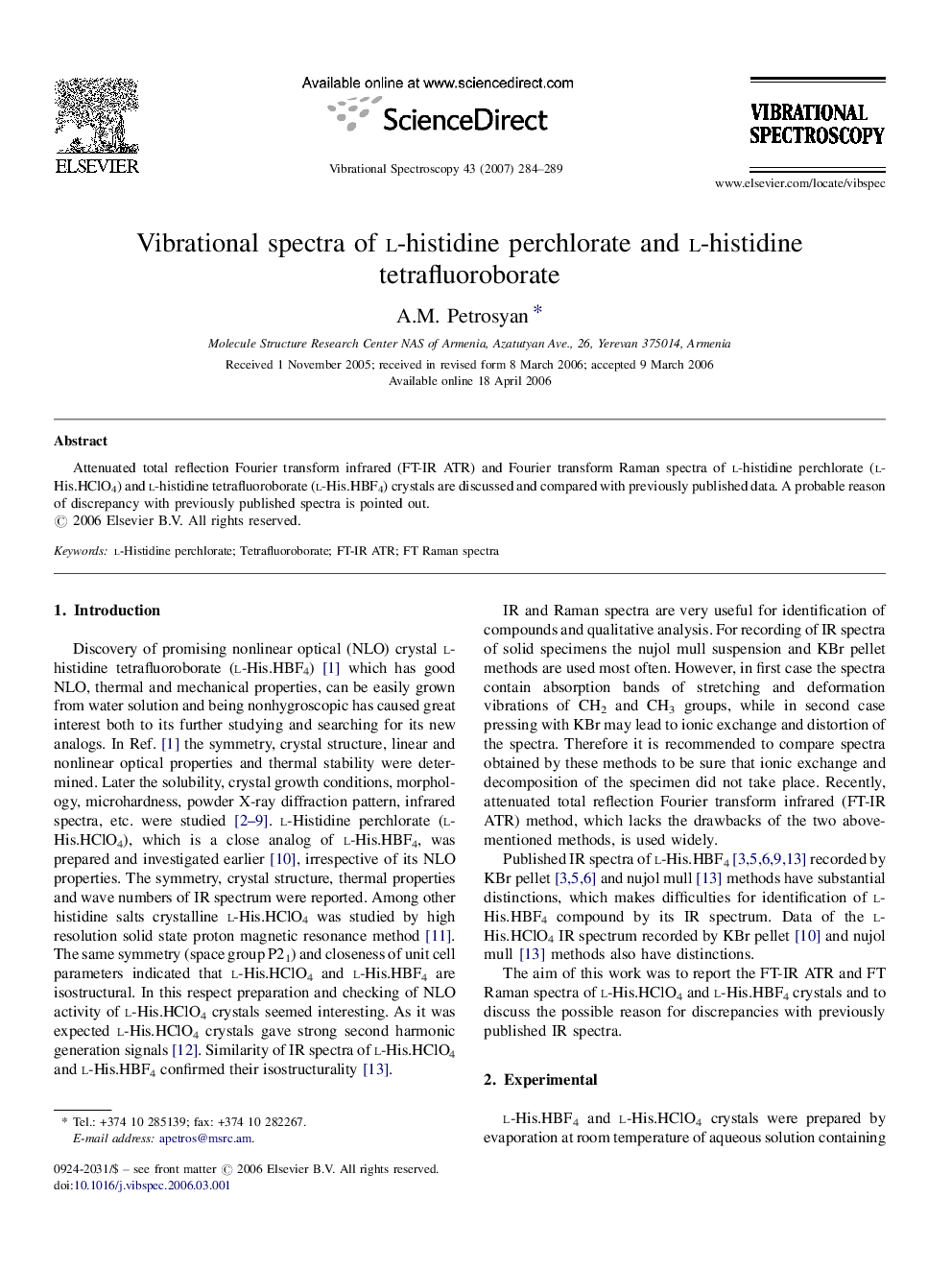 Vibrational spectra of l-histidine perchlorate and l-histidine tetrafluoroborate