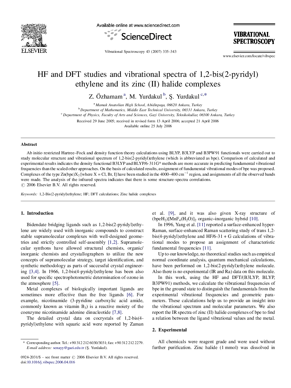 HF and DFT studies and vibrational spectra of 1,2-bis(2-pyridyl)ethylene and its zinc (II) halide complexes