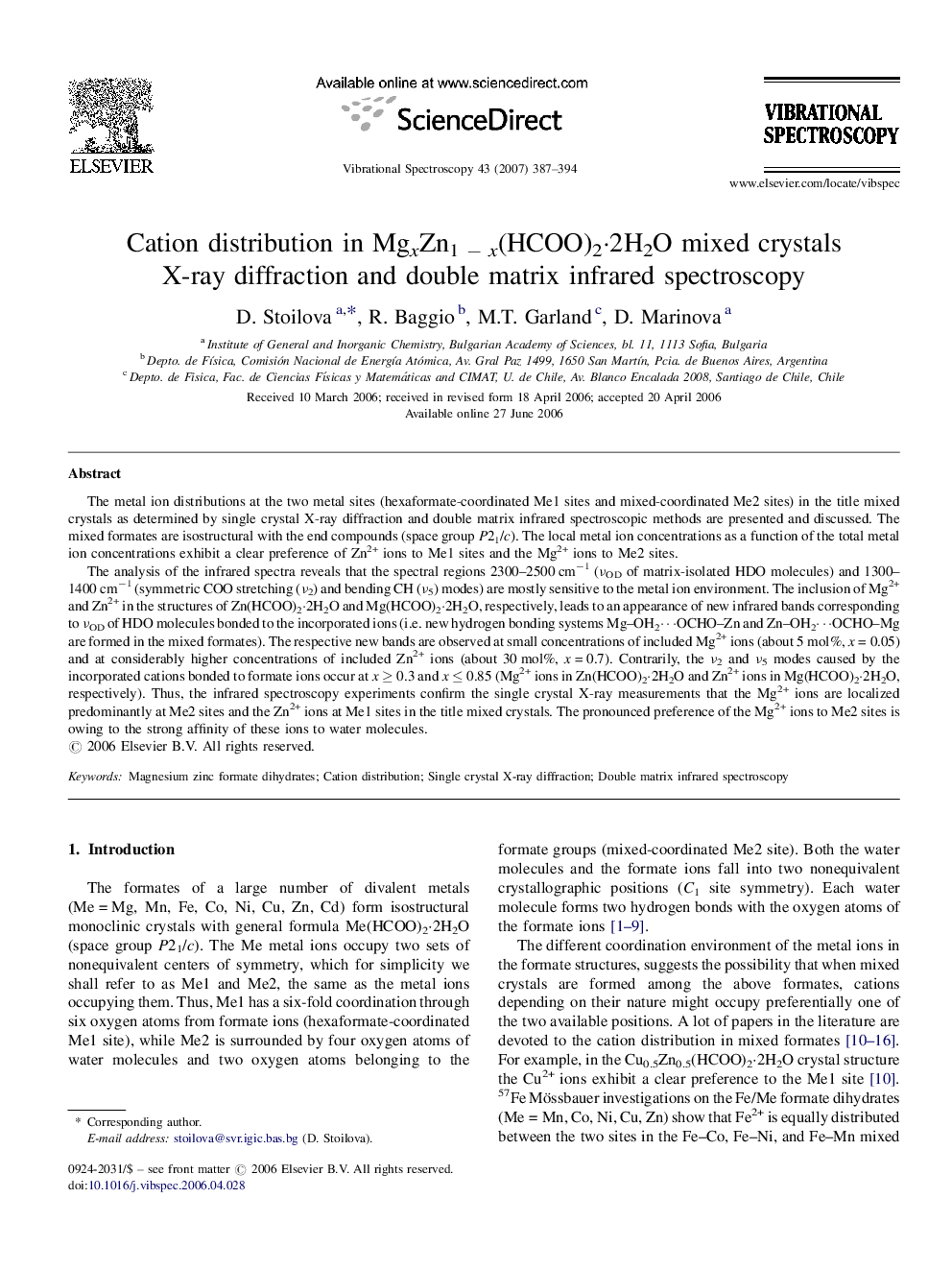 Cation distribution in MgxZn1Â âÂ x(HCOO)2Â·2H2O mixed crystals