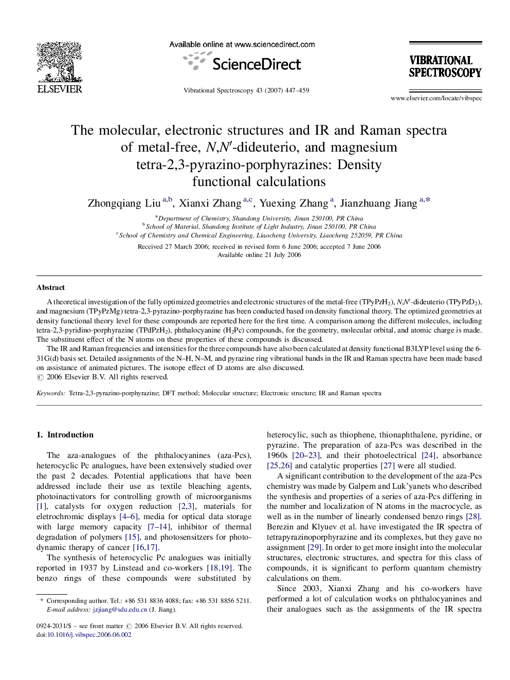 The molecular, electronic structures and IR and Raman spectra of metal-free, N,N′-dideuterio, and magnesium tetra-2,3-pyrazino-porphyrazines: Density functional calculations