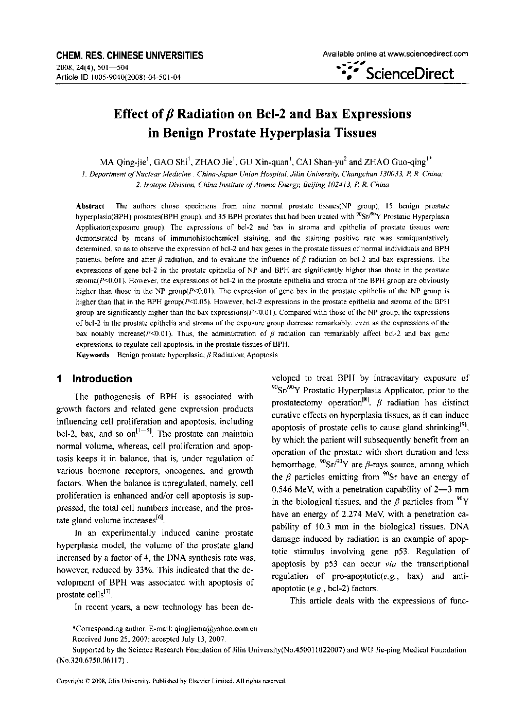 Effect of Î² Radiation on Bcl-2 and Bax Expressions in Benign Prostate Hyperplasia Tissues