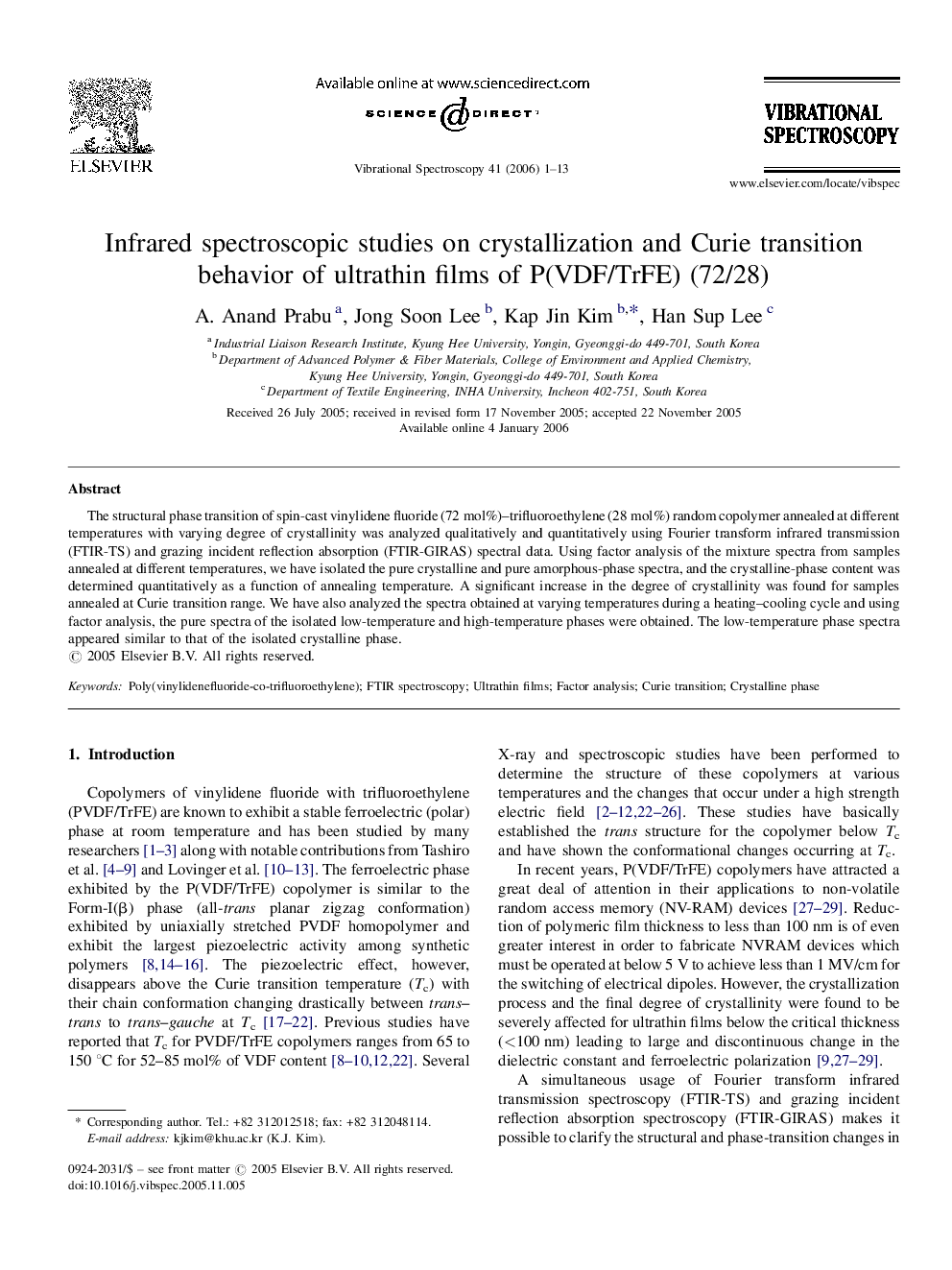 Infrared spectroscopic studies on crystallization and Curie transition behavior of ultrathin films of P(VDF/TrFE) (72/28)