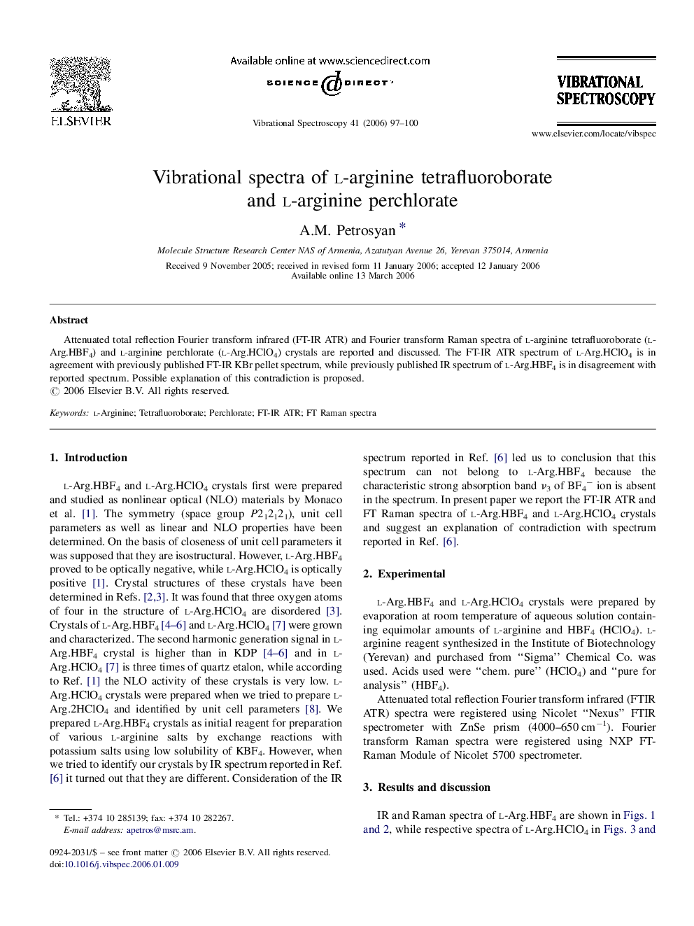 Vibrational spectra of l-arginine tetrafluoroborate and l-arginine perchlorate