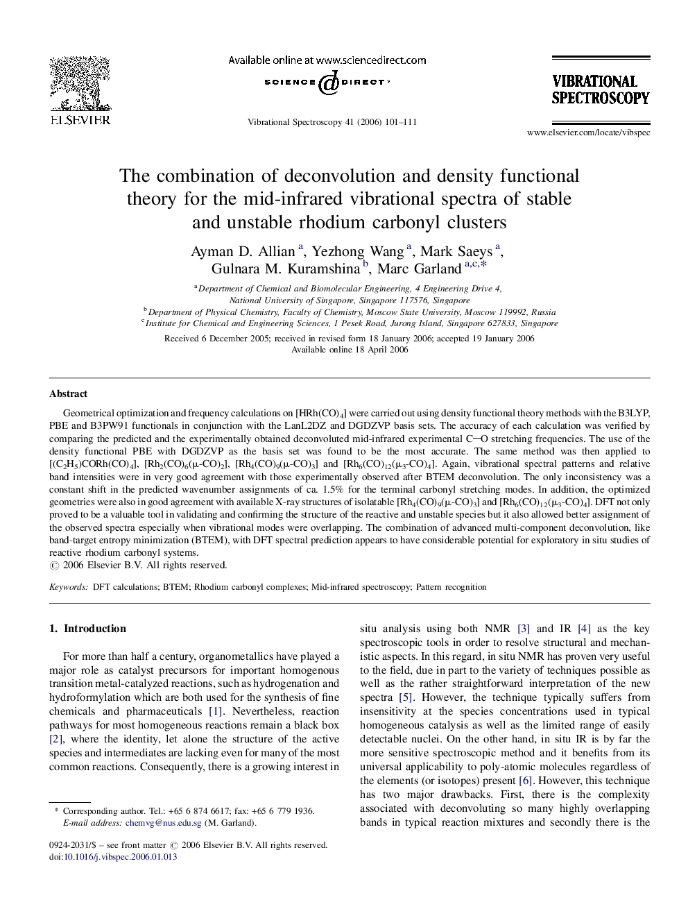 The combination of deconvolution and density functional theory for the mid-infrared vibrational spectra of stable and unstable rhodium carbonyl clusters