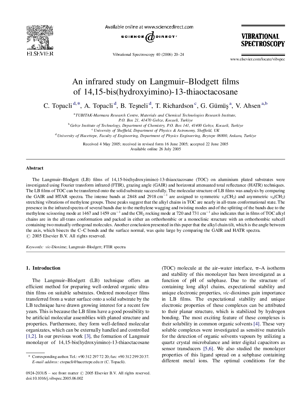 An infrared study on Langmuir–Blodgett films of 14,15-bis(hydroxyimino)-13-thiaoctacosane