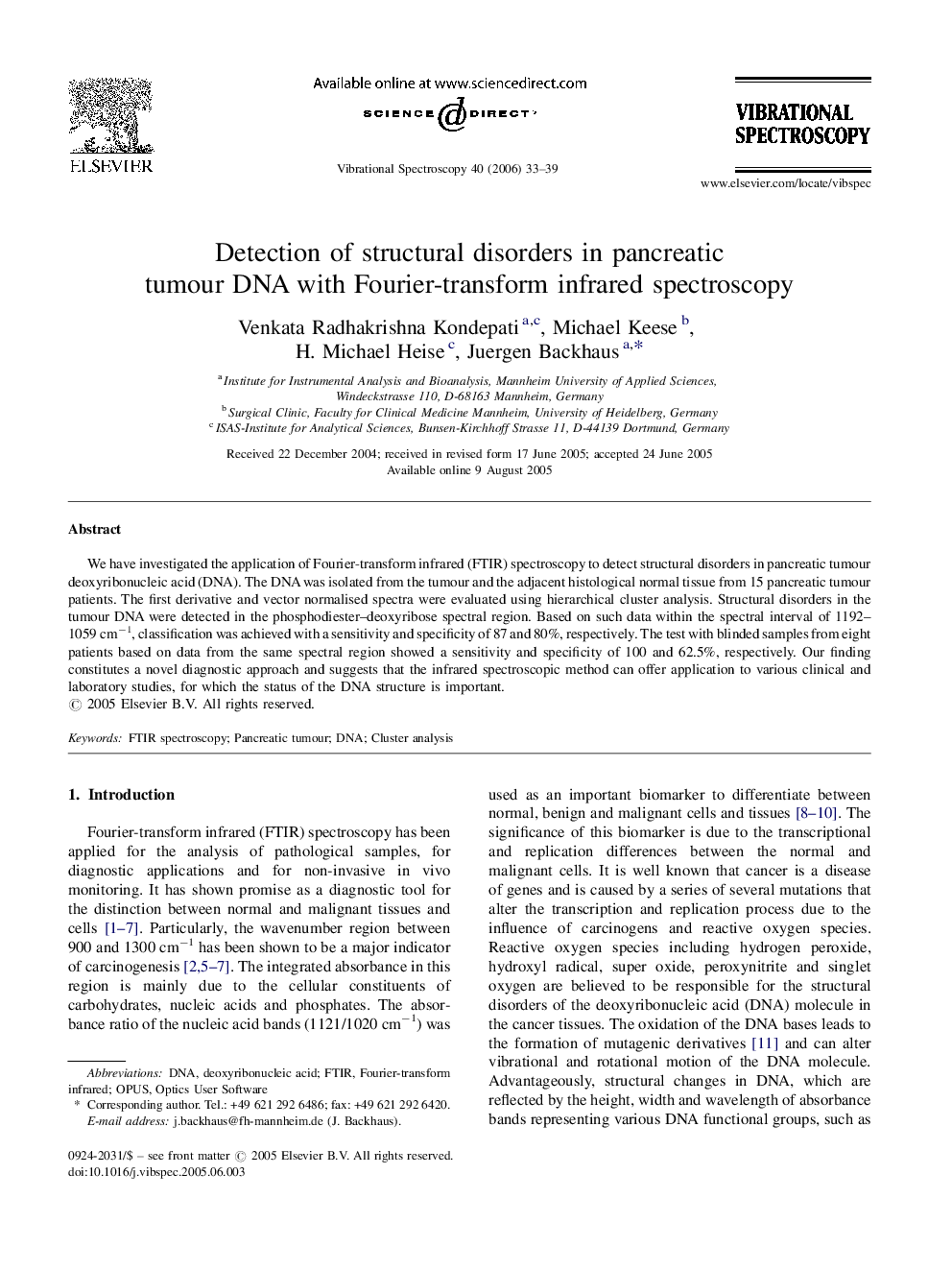 Detection of structural disorders in pancreatic tumour DNA with Fourier-transform infrared spectroscopy