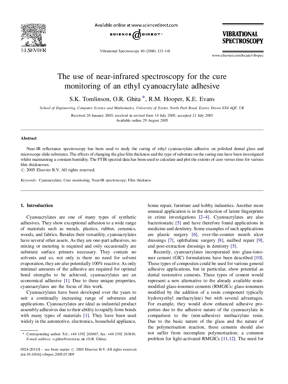 The use of near-infrared spectroscopy for the cure monitoring of an ethyl cyanoacrylate adhesive