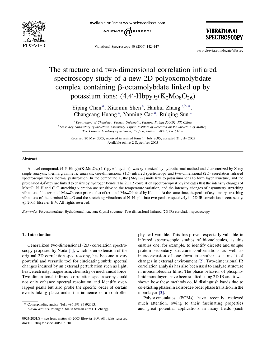 The structure and two-dimensional correlation infrared spectroscopy study of a new 2D polyoxomolybdate complex containing β-octamolybdate linked up by potassium ions: (4,4′-Hbpy)2(K2Mo8O26)