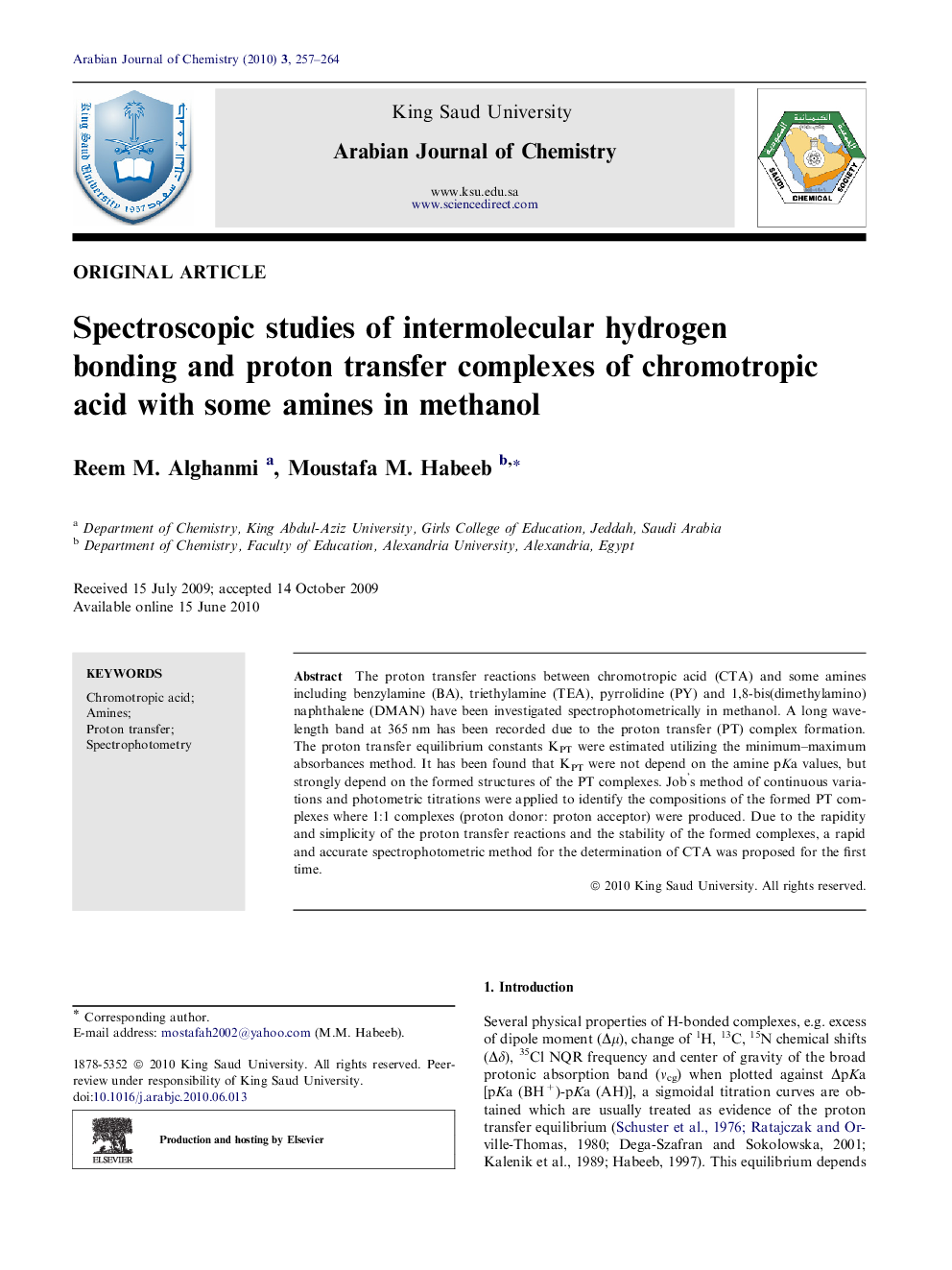 Spectroscopic studies of intermolecular hydrogen bonding and proton transfer complexes of chromotropic acid with some amines in methanol 