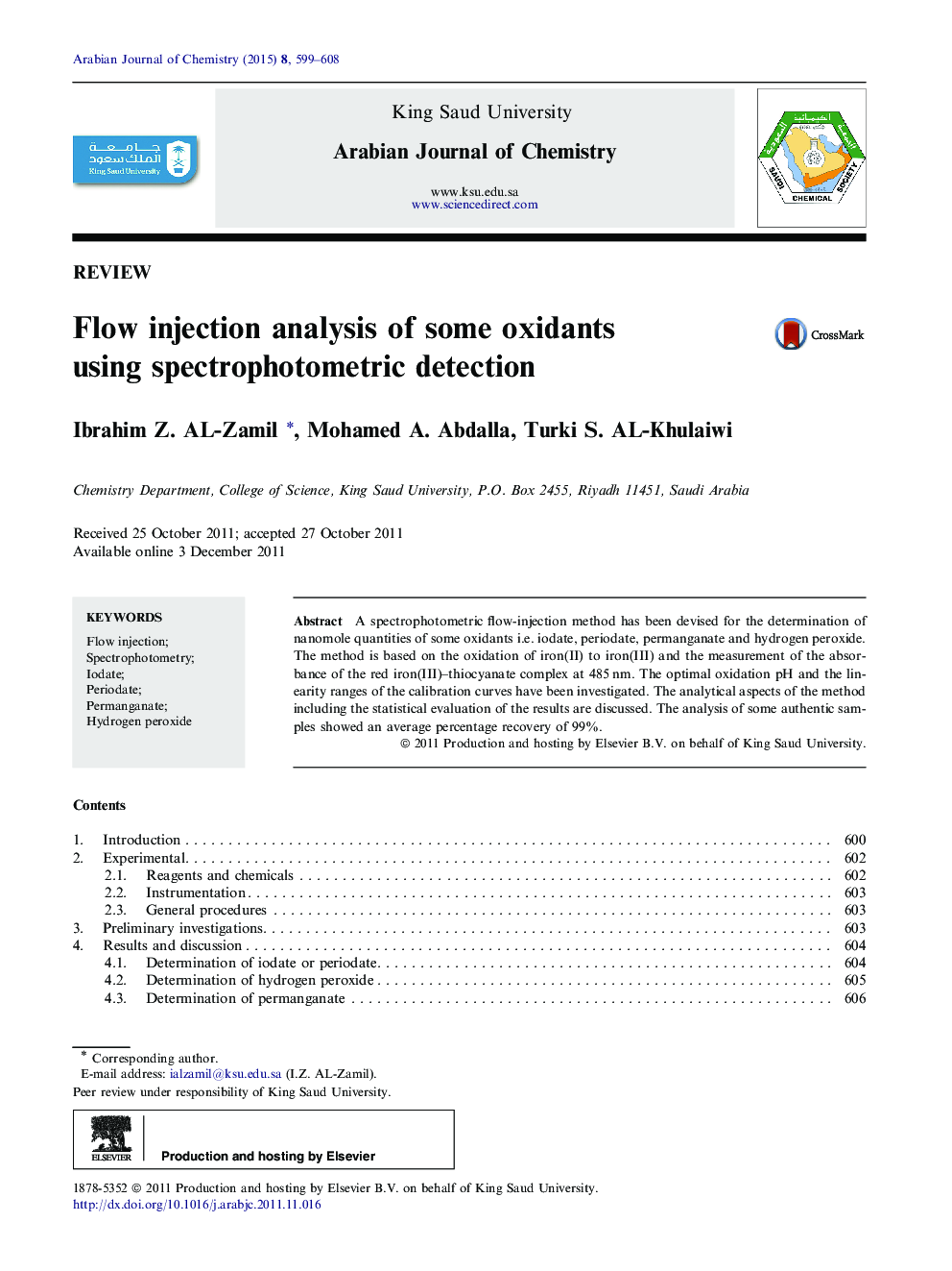 Flow injection analysis of some oxidants using spectrophotometric detection 