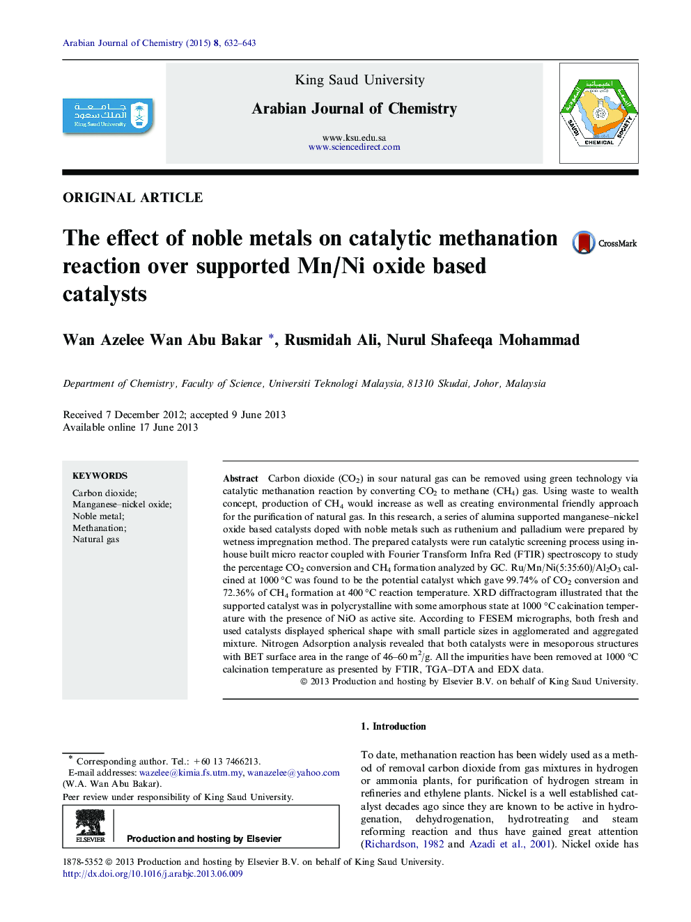 The effect of noble metals on catalytic methanation reaction over supported Mn/Ni oxide based catalysts 