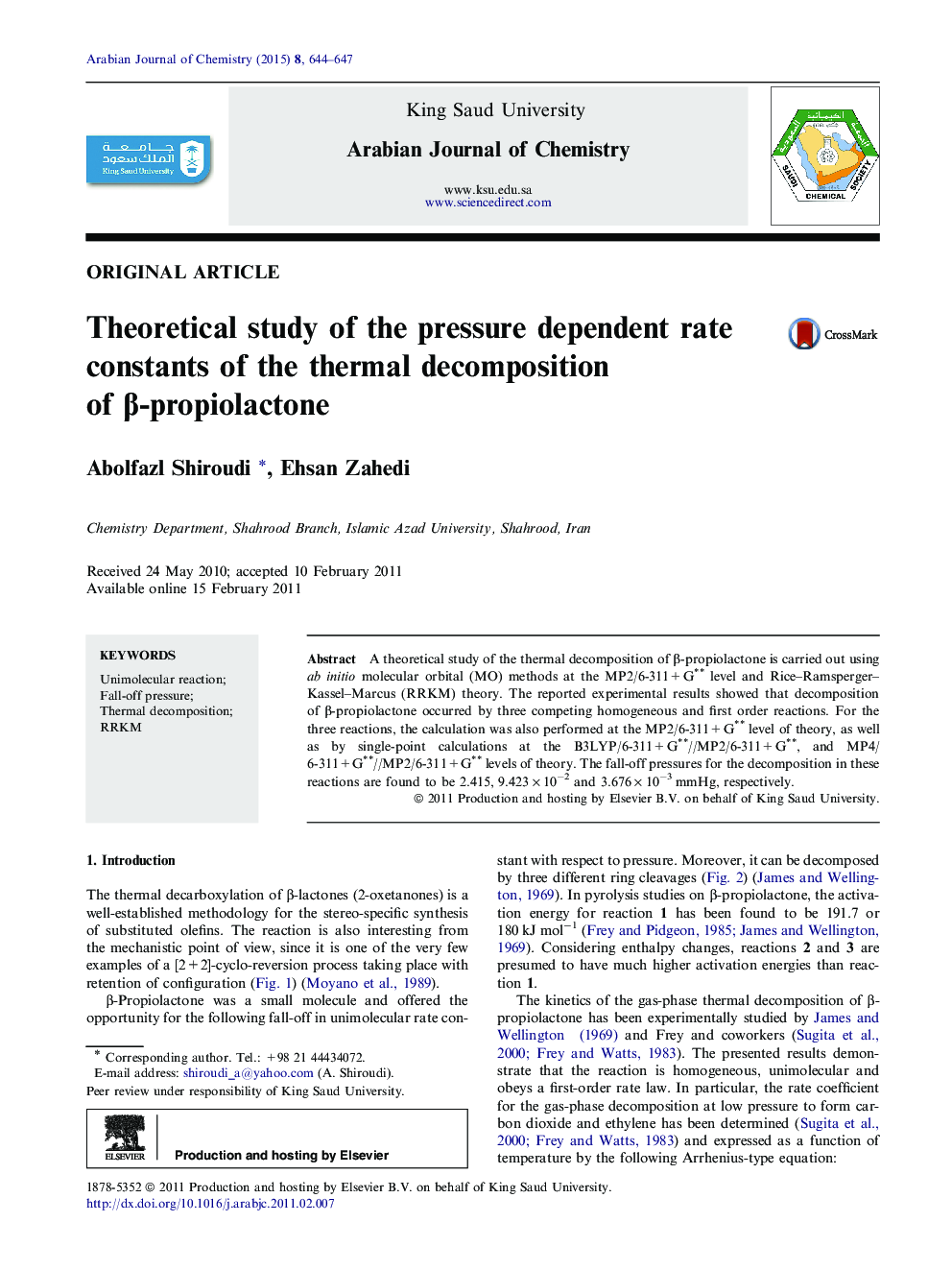 Theoretical study of the pressure dependent rate constants of the thermal decomposition of β-propiolactone 