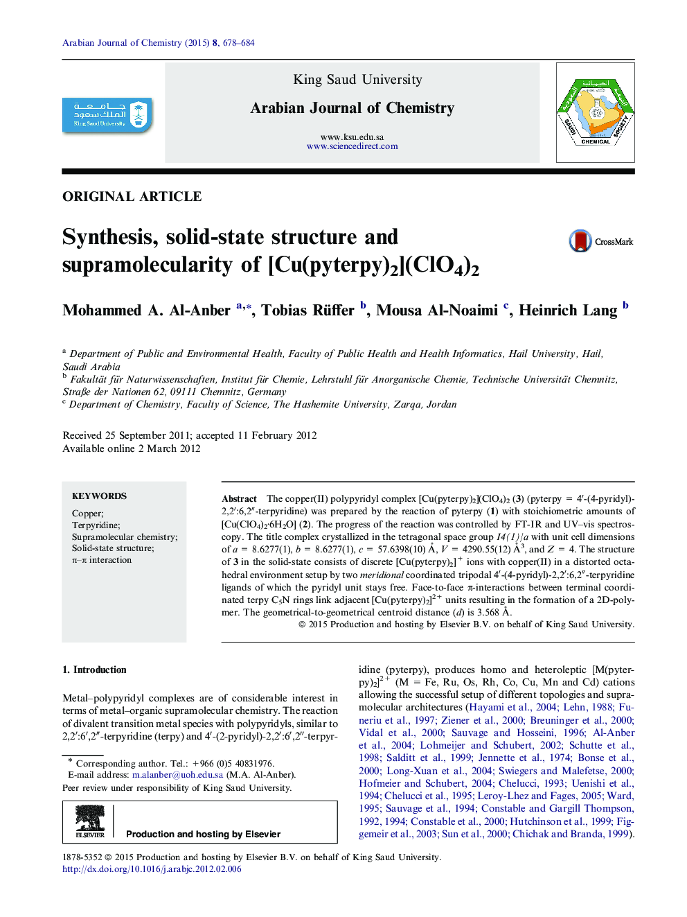 Synthesis, solid-state structure and supramolecularity of [Cu(pyterpy)2](ClO4)2