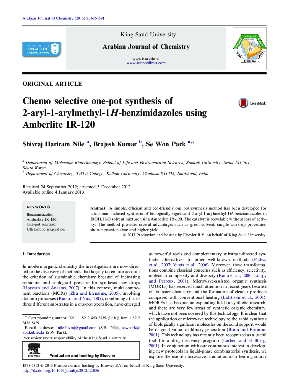 Chemo selective one-pot synthesis of 2-aryl-1-arylmethyl-1H-benzimidazoles using Amberlite IR-120 