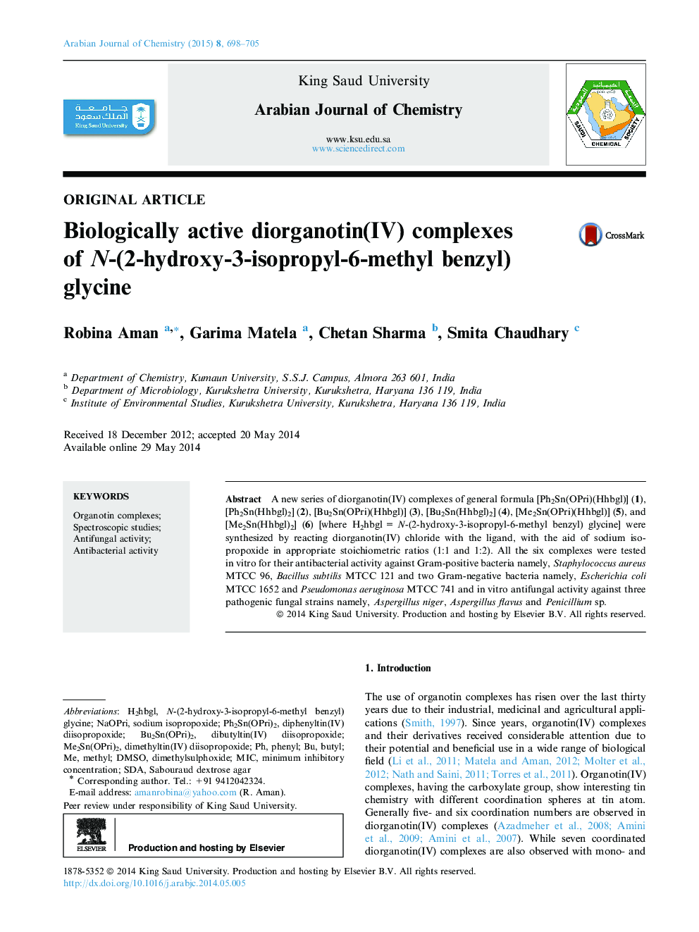 Biologically active diorganotin(IV) complexes of N-(2-hydroxy-3-isopropyl-6-methyl benzyl) glycine 