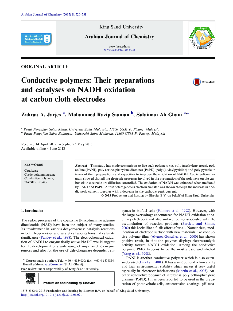 Conductive polymers: Their preparations and catalyses on NADH oxidation at carbon cloth electrodes 