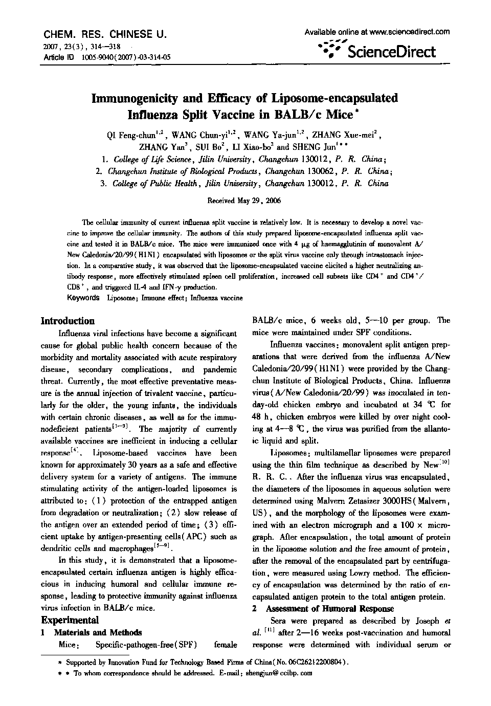 Immunogenicity and Efficacy of Liposome-encapsulated Influenza Split Vaccine in BALB/c Mice