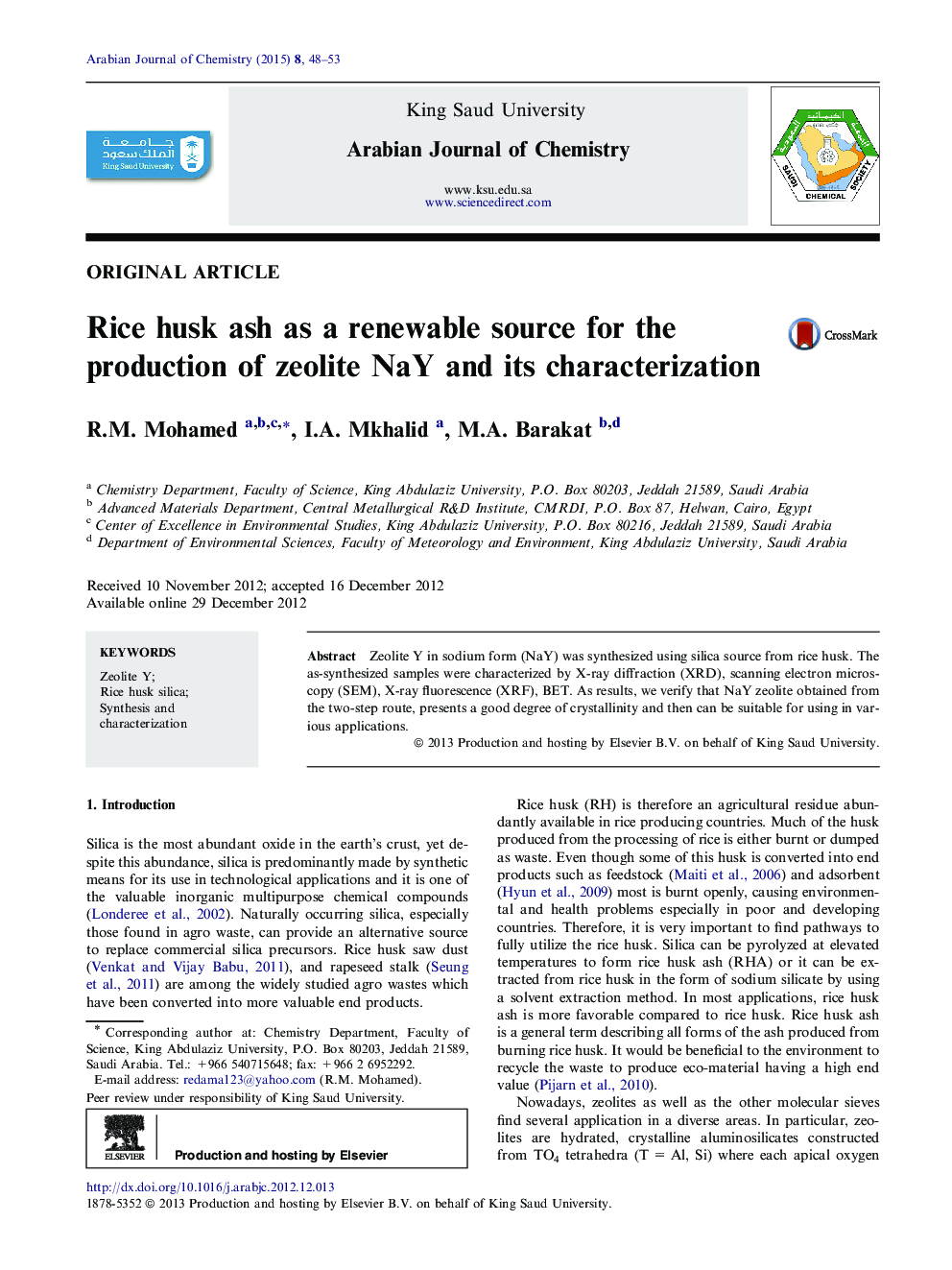 Rice husk ash as a renewable source for the production of zeolite NaY and its characterization 